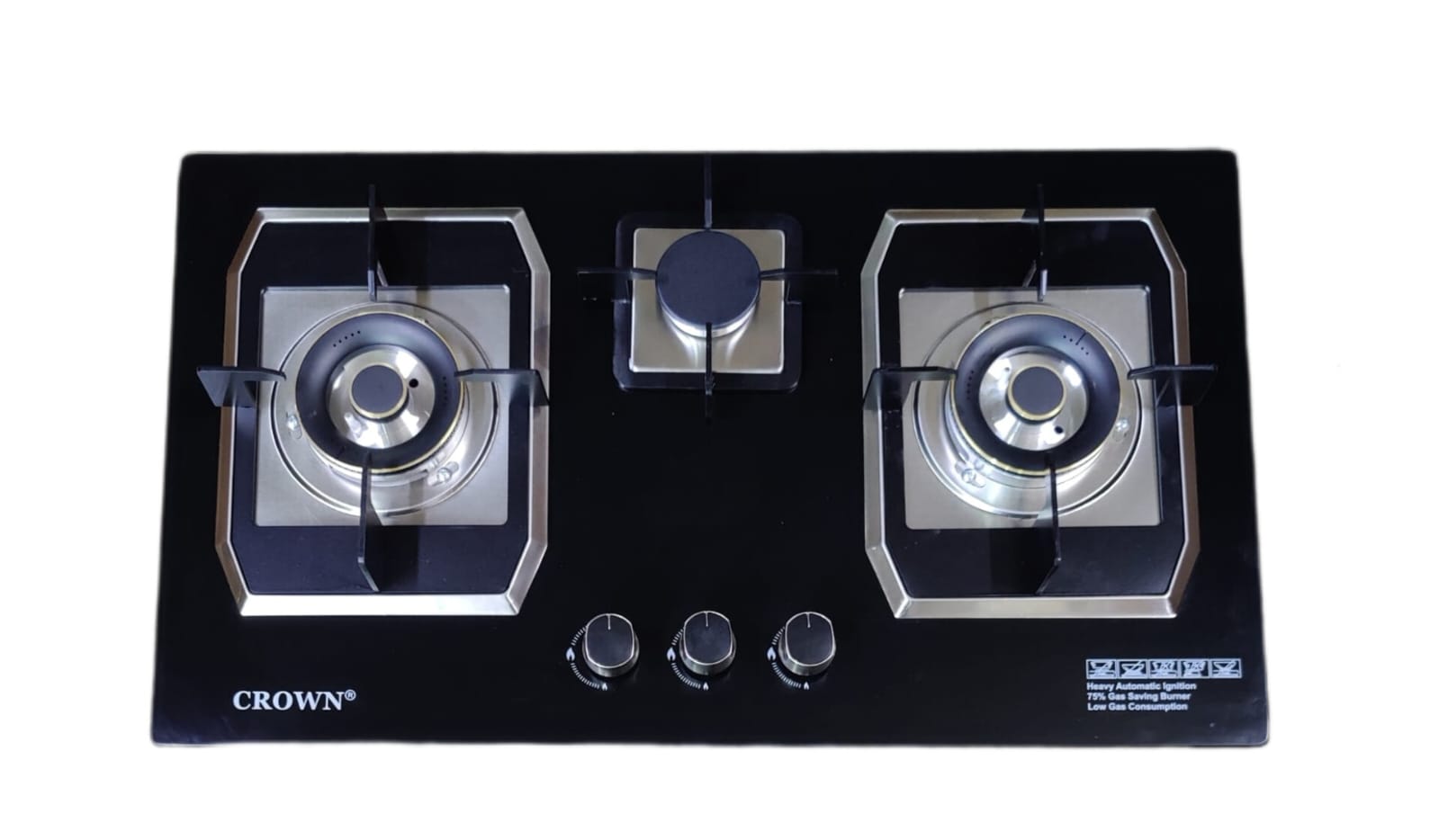 Crown CR-19G Built-In Gas Hob – 3 Burner Tempered Glass Cooktop with Auto Ignition for Modern Kitchens | 1-Year Brand Warranty - YH Enterprises