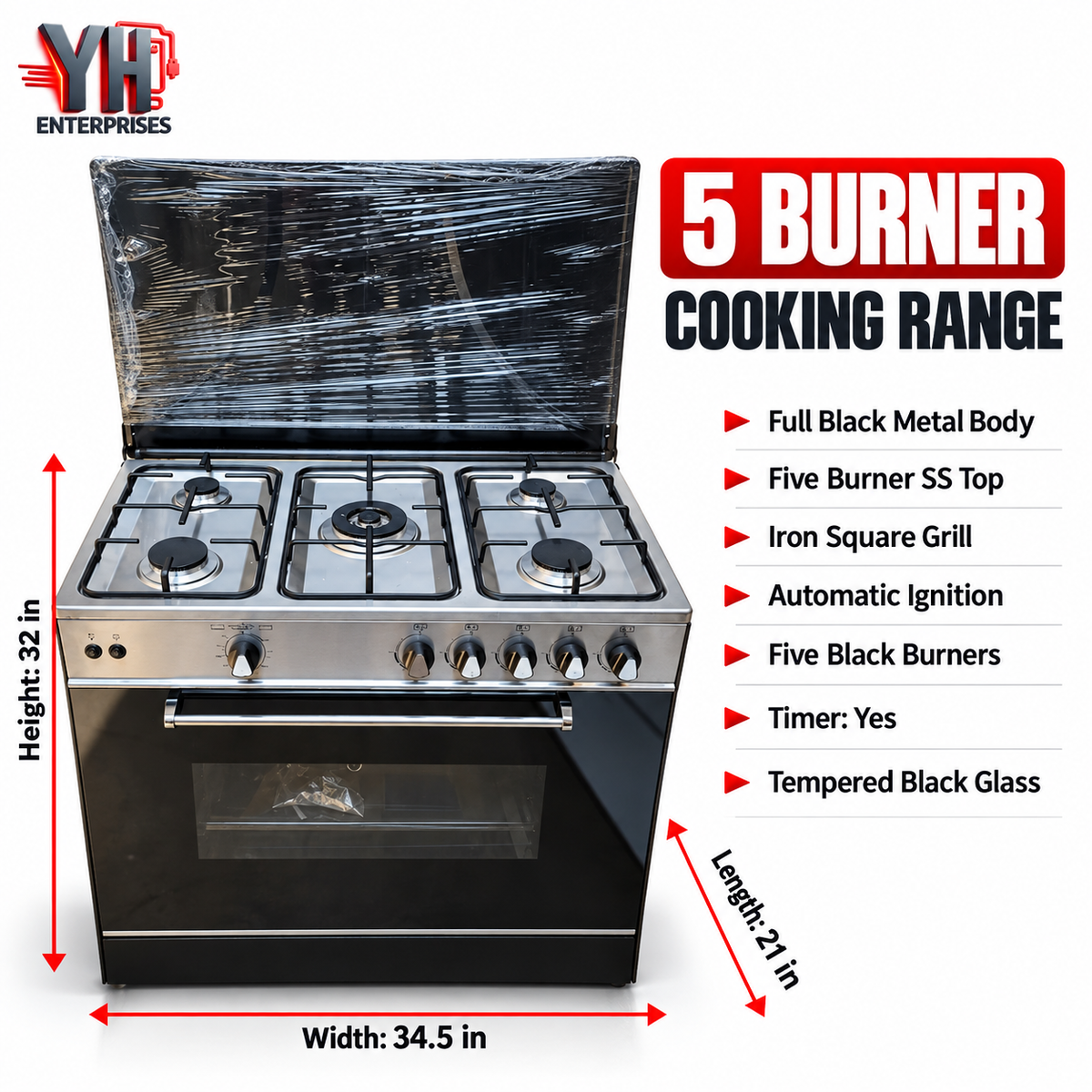 Crown 5 Burner Cooking Range with Stainless Steel Top, Black Metal Body, Tempered Black Glass Oven Door, Automatic Ignition and Timer – YH Enterprises