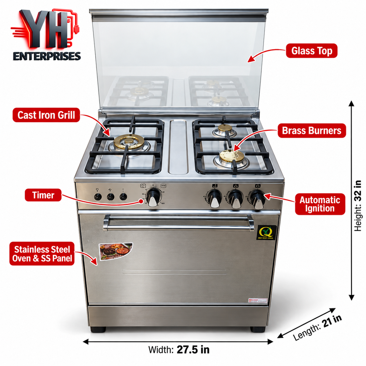 Crown Stainless Steel Gas Cooking Range with Oven, 4 Brass Burners, Cast Iron Grill, Glass Top, Automatic Ignition and Timer, Size 27.5 x 21 x 32 Inches – YH Enterprises