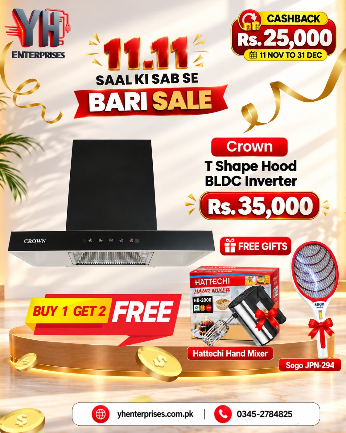 Crown T-Shape BLDC Range Hood 90cm 70cm with Free Haitechi Hand Mixer and Sogo Mosquito Killer Racket