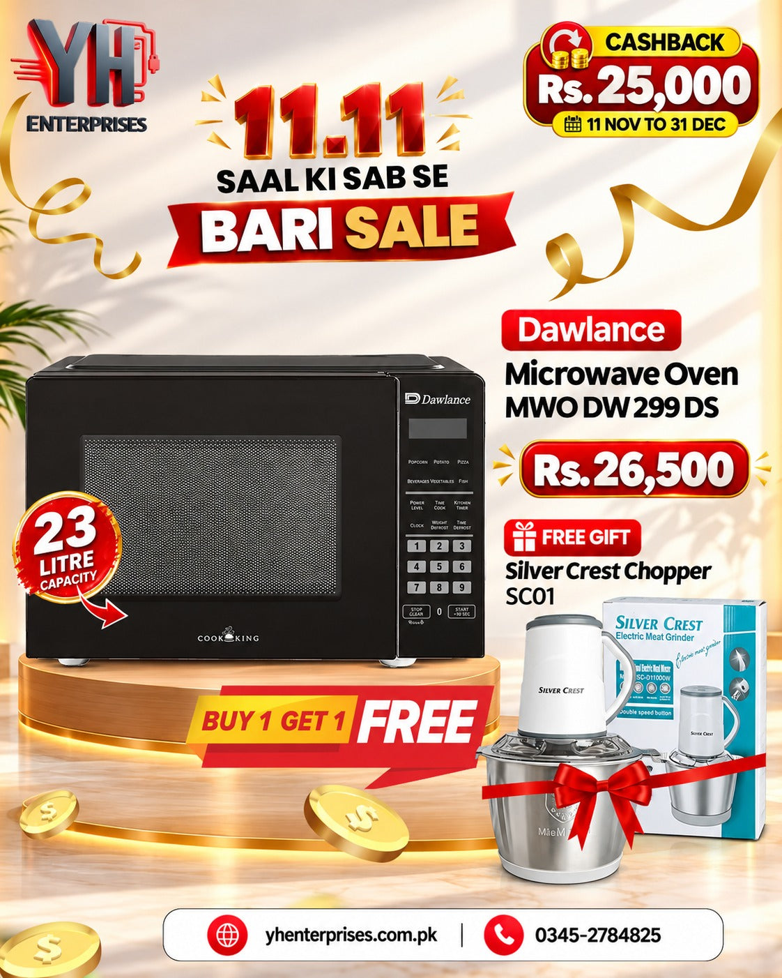 Dawlance DW 299 DS 23L Microwave Oven with Free Silver Crest 3L Meat and Vegetable Chopper Grinder