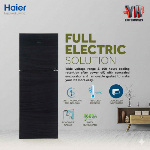 Haier 12 Cu Ft E-Star Series Refrigerator Model: HRF-336 EPB | Deepest Freeze + Direct Cool + 1-Hour Icing | Wide Voltage | Glass Door | Black Color | 10 Years Warranty