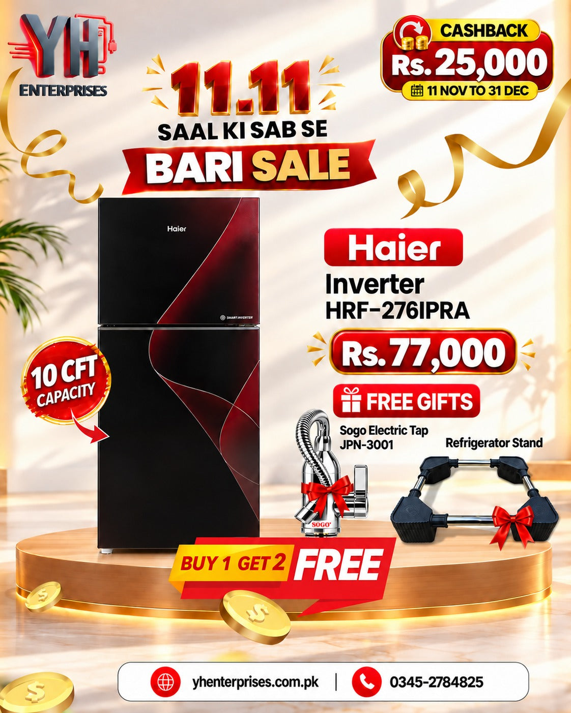 Haier HRF-276IPRA 316 Liter Smart Inverter Refrigerator with Free Fridge Chowki and SOGO Electric Heating Tap