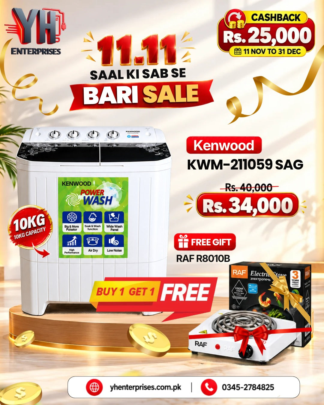 Kenwood KWM-211059 SAG 10kg Twin Tub Washing Machine with Free RAF Electric Stove Gift – YH Enterprises Karachi