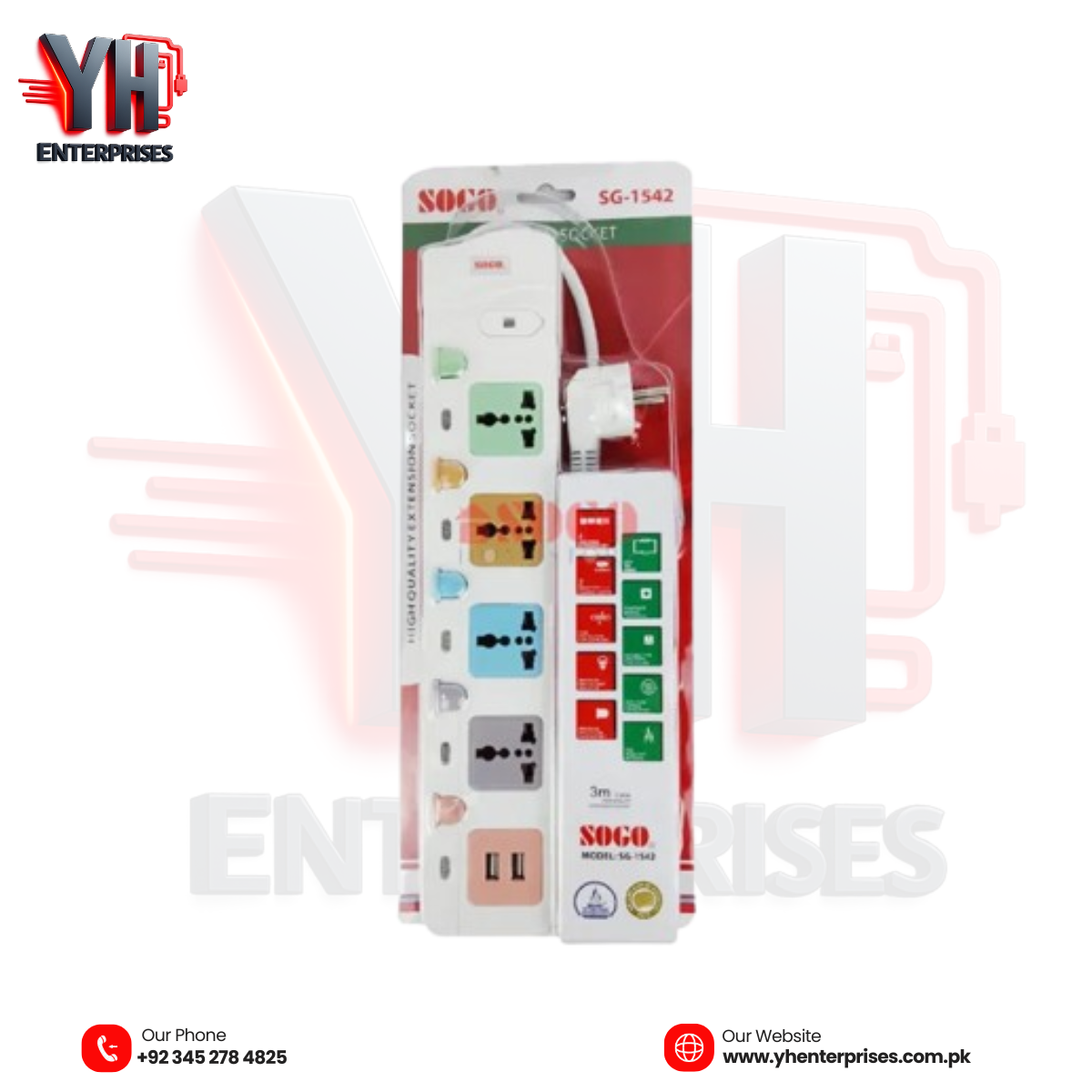 SOGO SG-1542 Extension Socket with USB – 5 Meter Power Extension