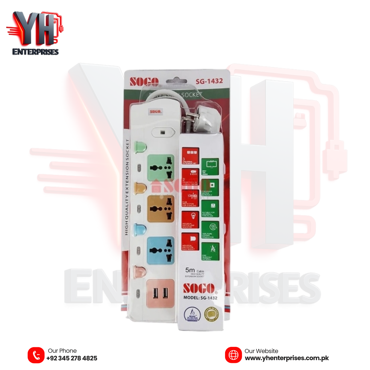 SOGO SG-1432 Extension Socket with USB – 5 Meter Power Extension