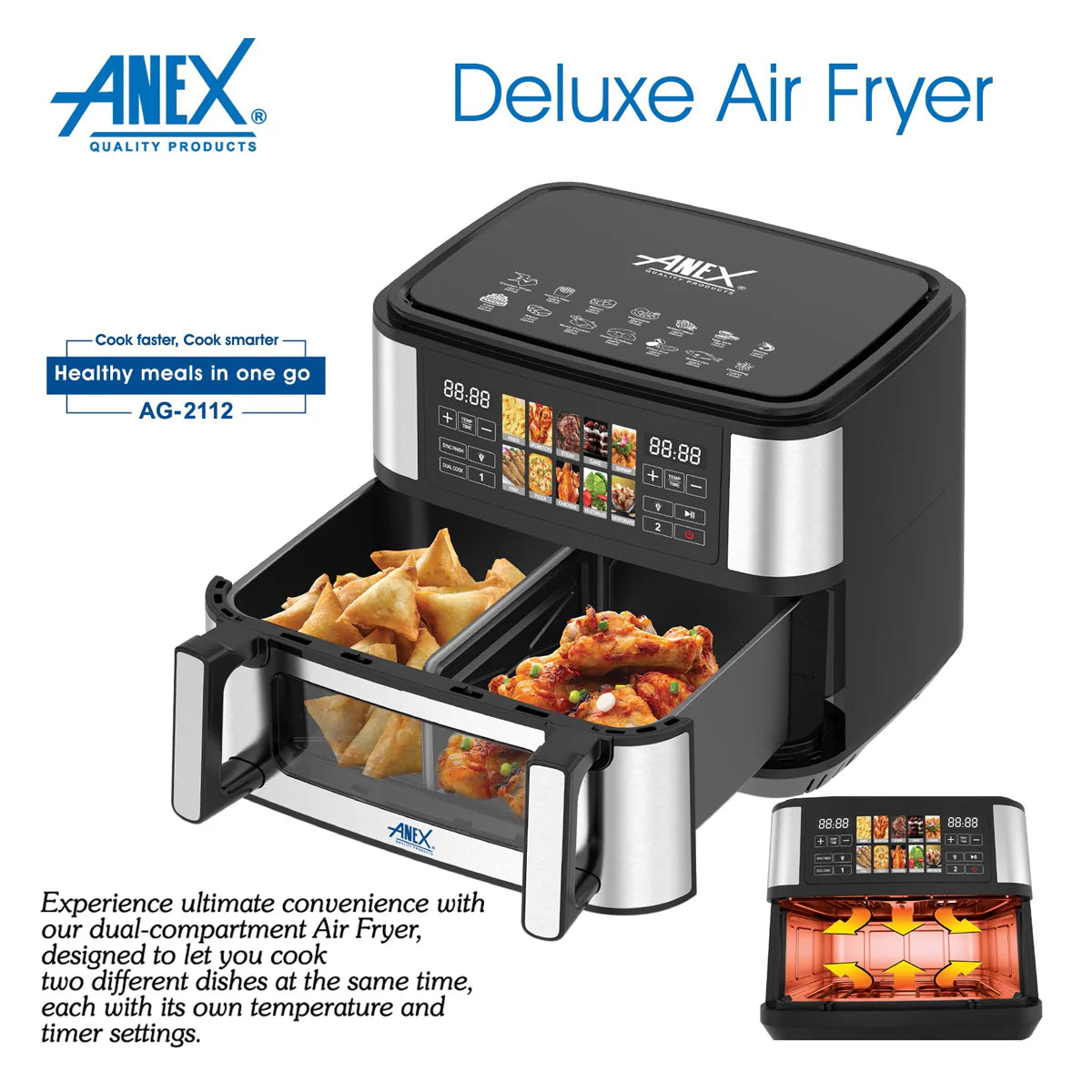 ANEX AG-2112 Digital Air Fryer – 10.5L Full Touch Panel with Dual Cooking Option