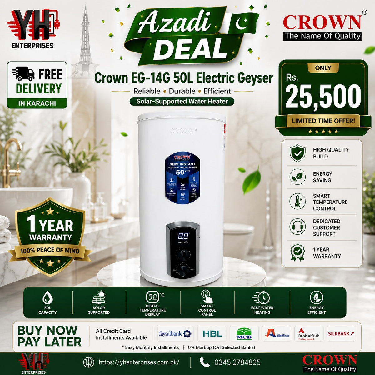 Crown EG-14G 50L Digital Electric Geyser – Solar Supported | Energy Efficient