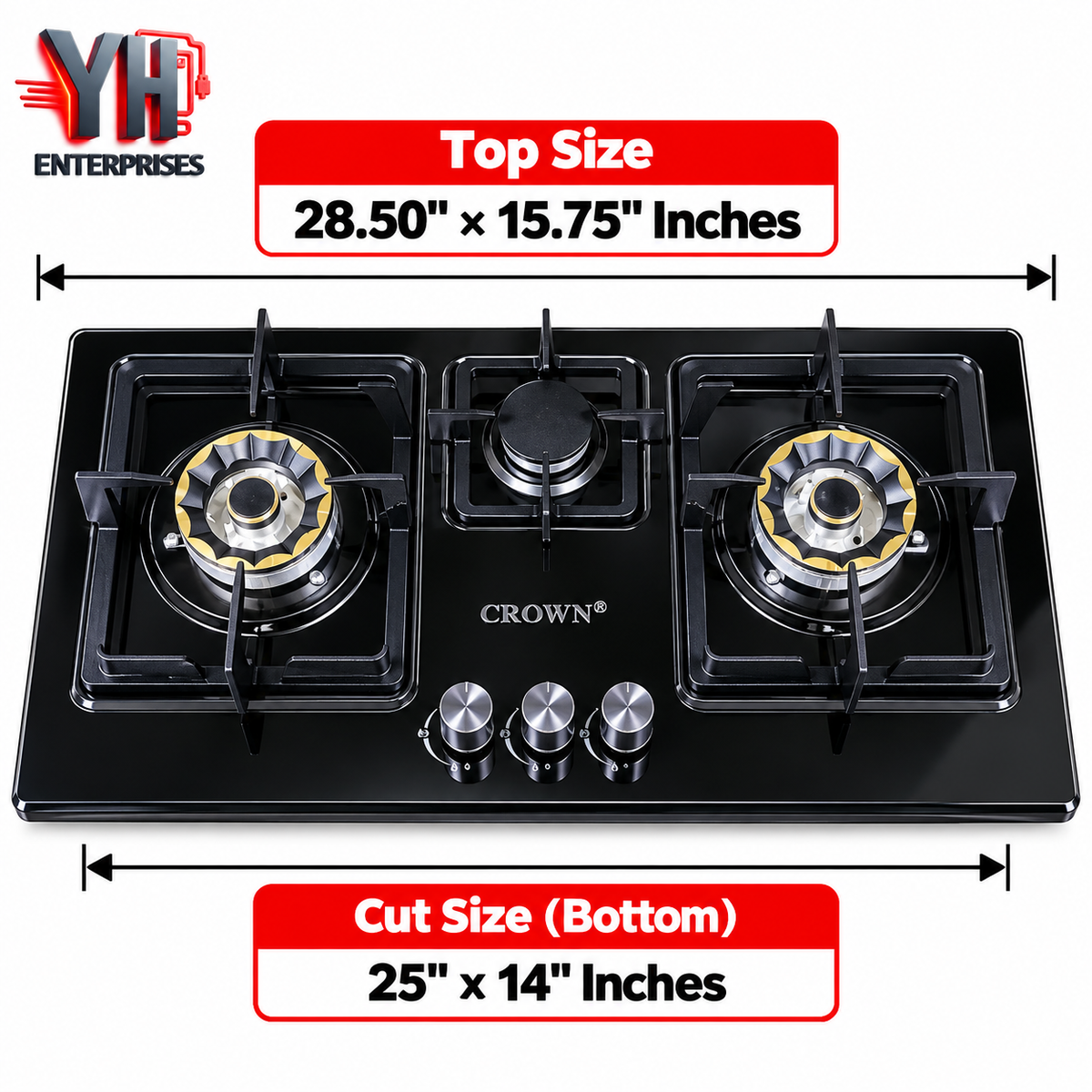 Crown CR-13B 3 Burner Built-In Gas Hob Stainless Steel Brass EPS Burners Auto Ignition in Pakistan | YH Enterprises