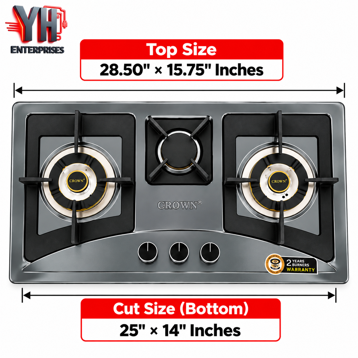 Crown CR-15B 3 Burner Built-In Gas Hob Stainless Steel Brass EPS Burners Auto Ignition in Pakistan | YH Enterprises