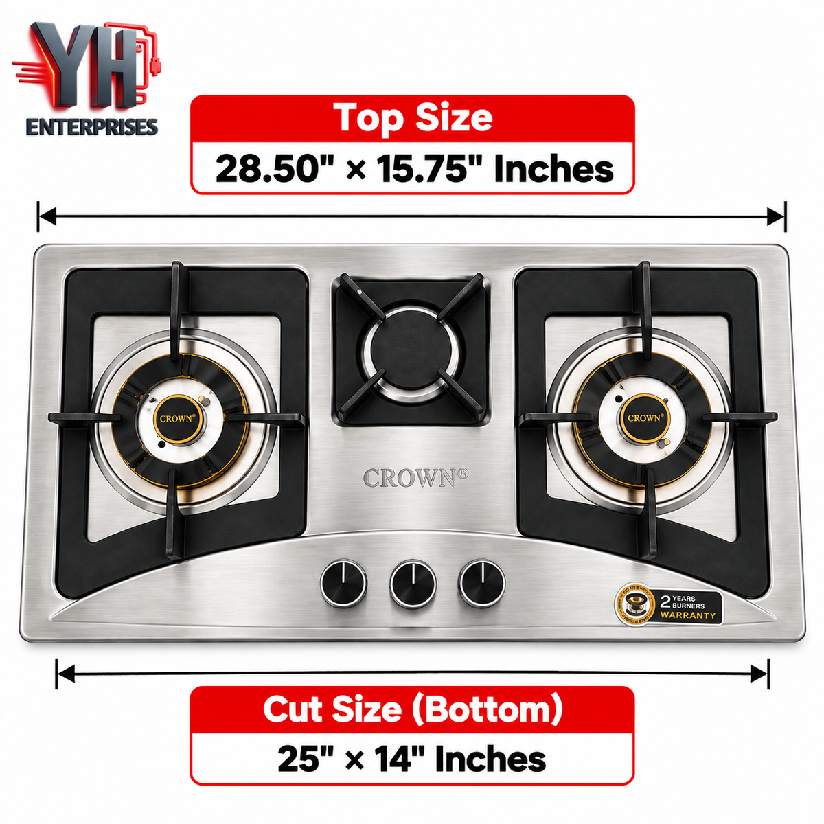Crown CR-15S 3 Burner Built-In Gas Hob Stainless Steel Brass EPS Burners Auto Ignition in Pakistan | YH Enterprises