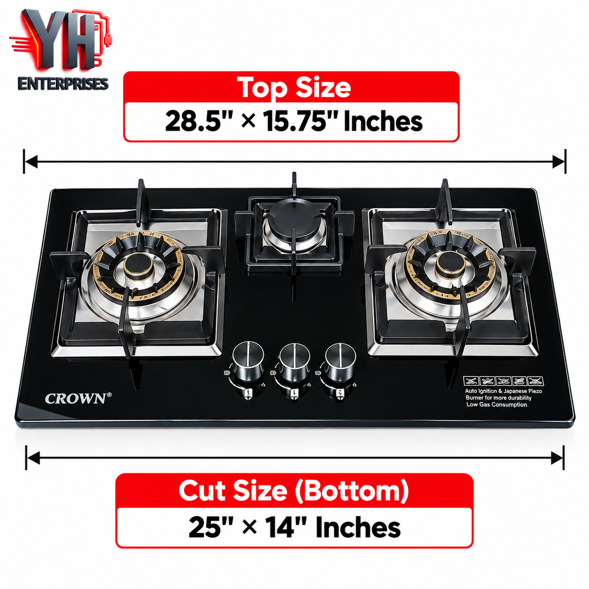 Crown CR-16G 3 Burner Built-In Gas Hob Tempered Glass Brass EPS Burners Auto Ignition in Pakistan | YH Enterprises