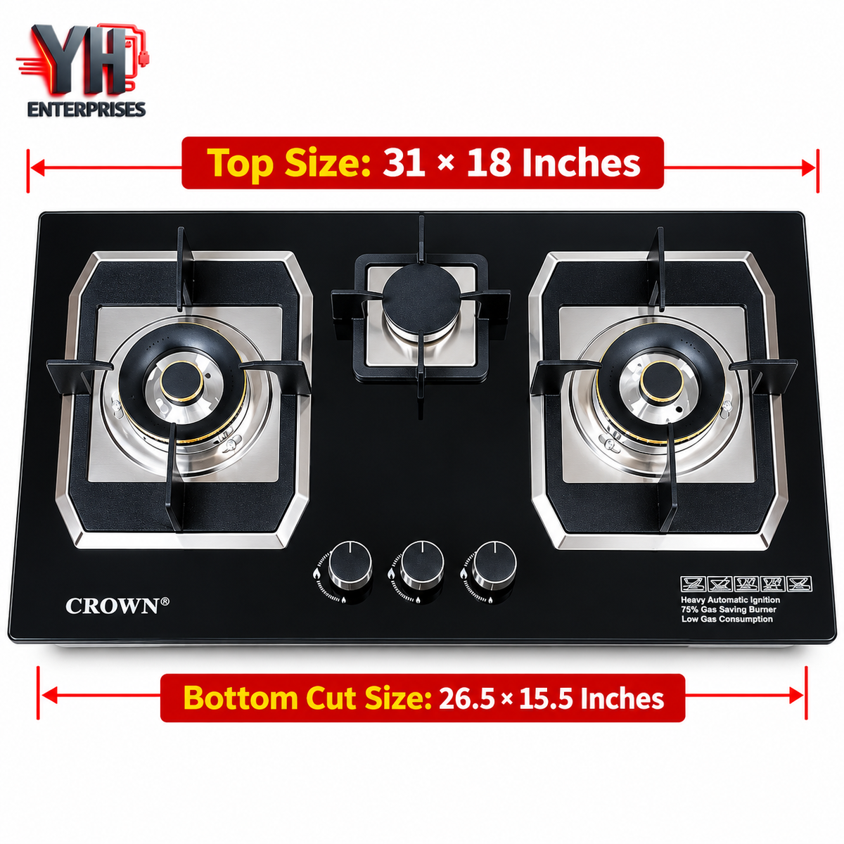 Crown CR-19G 3 Burner Built-In Gas Hob Tempered Glass Brass EPS Burners Auto Ignition in Pakistan | YH Enterprises