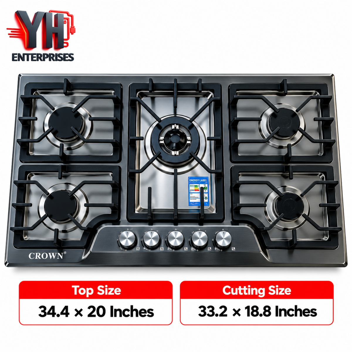 Crown CR-1B 5 Burner Built-In Gas Hob Black Stainless Steel LPG & NG in Pakistan | YH Enterprises
