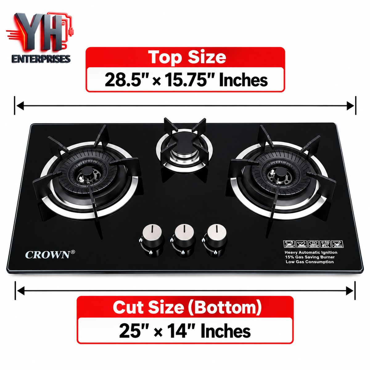 Crown CR-21G 3 Burner Built-In Gas Hob 8mm Tempered Glass Auto Ignition LPG & NG in Pakistan | YH Enterprises