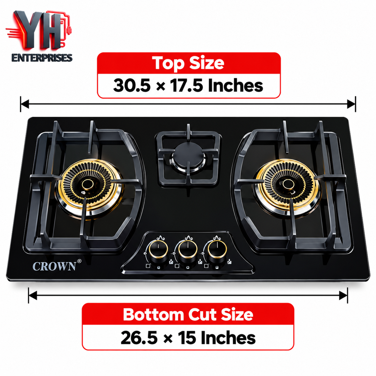 Crown CR-3111B 3 Burner Built-In Gas Hob Stainless Steel Auto Ignition LPG & NG in Pakistan | YH Enterprises
