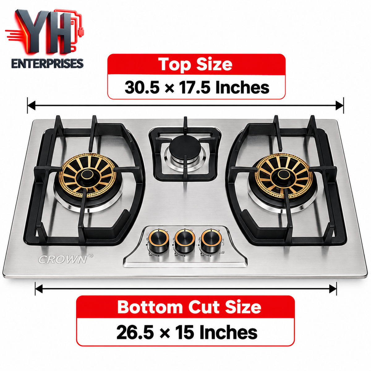 Crown CR-3111S 3 Burner Built-In Gas Hob Stainless Steel Auto Ignition LPG & NG in Pakistan | YH Enterprises