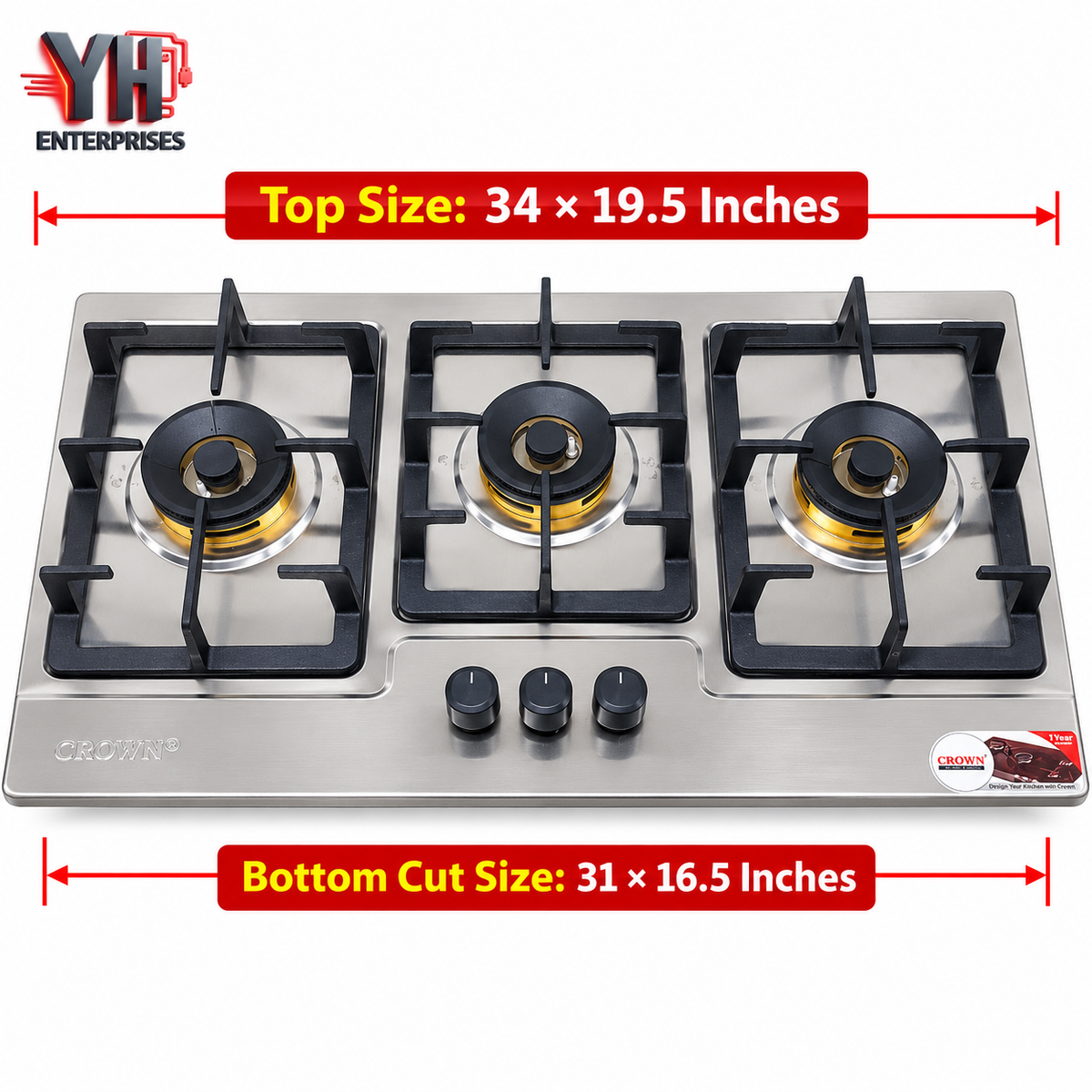 Crown CR-3113 3 Burner Built-In Gas Hob Stainless Steel Auto Ignition LPG & NG in Pakistan | YH Enterprises