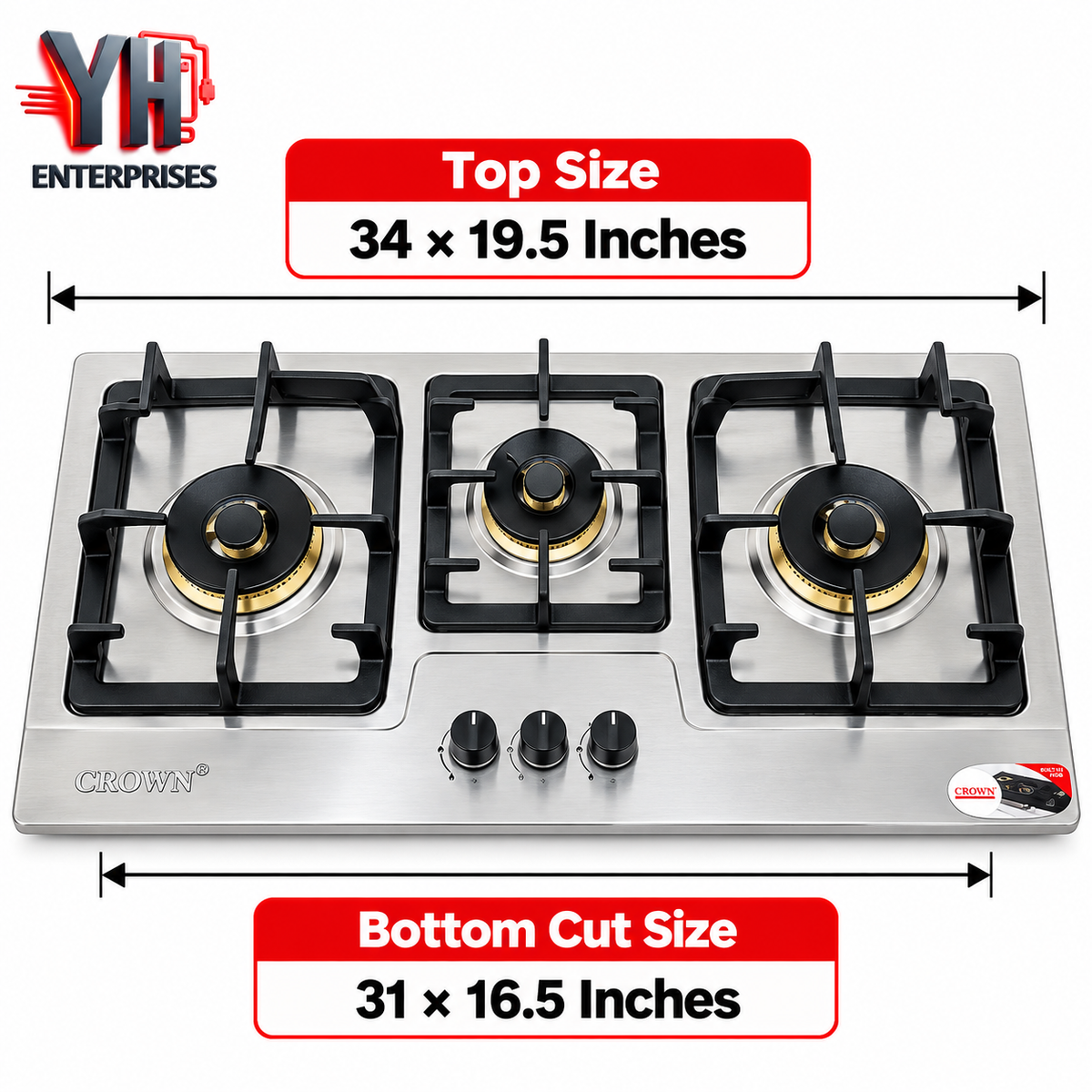Crown CR-3113 3 Burner Built-In Gas Hob Stainless Steel Auto Ignition LPG & NG in Pakistan | YH Enterprises