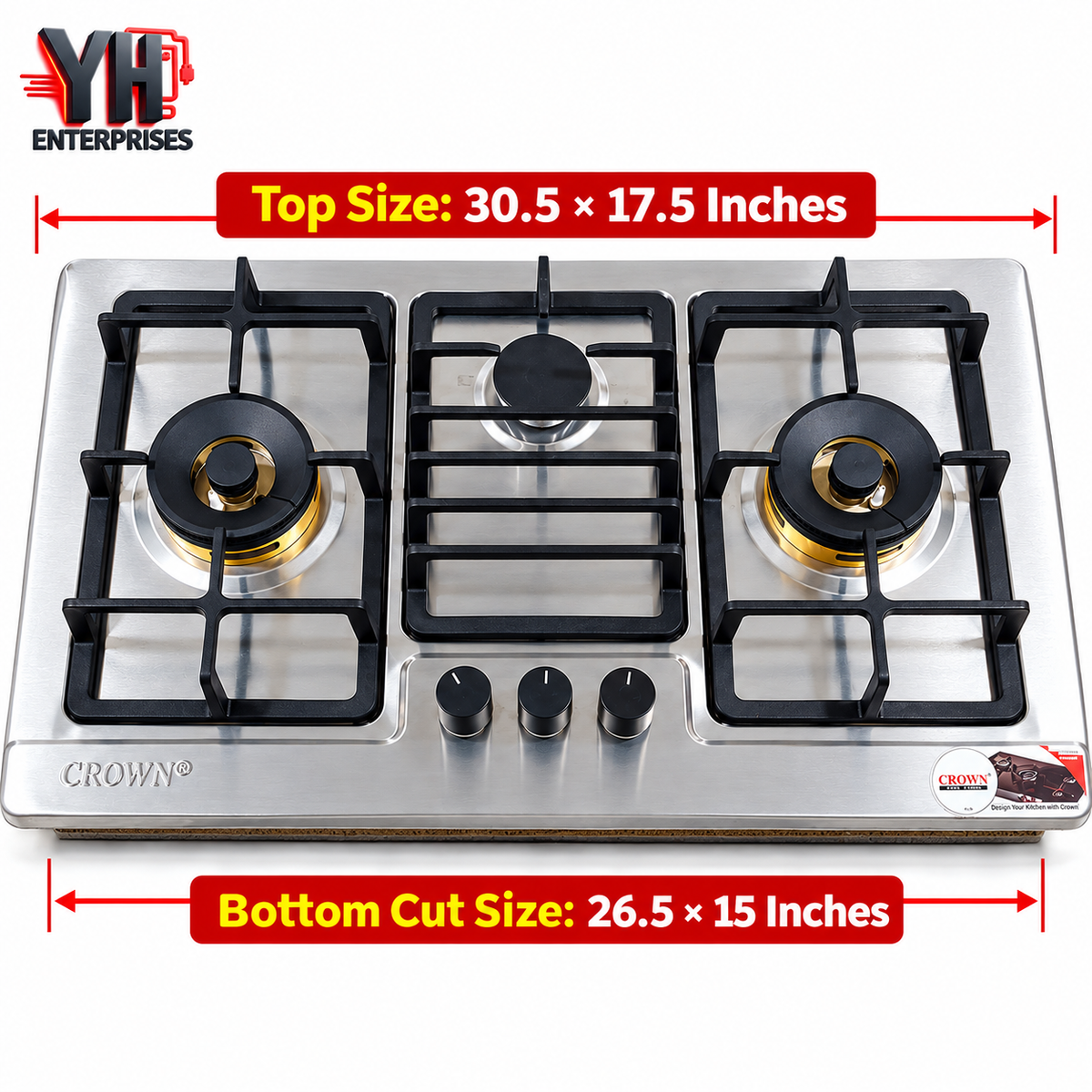 Crown CR-3114 3 Burner Built-In Gas Hob Stainless Steel Auto Ignition LPG & NG in Pakistan | YH Enterprises