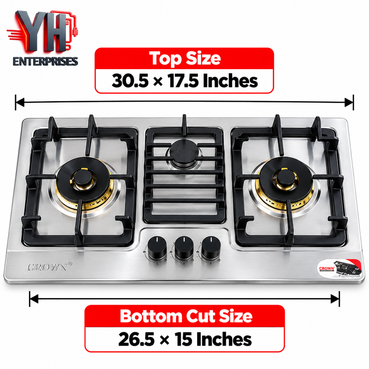 Crown CR-3114 3 Burner Built-In Gas Hob Stainless Steel Auto Ignition LPG & NG in Pakistan | YH Enterprises