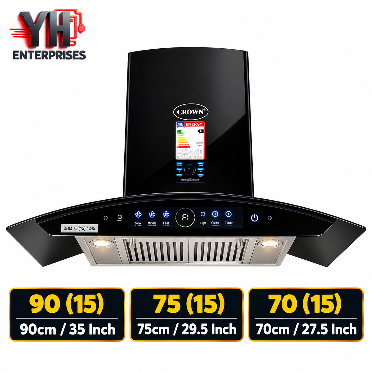 Crown Range Hood 90 75 70 Digital Touch Cone Filter 950 RPM Kitchen Chimney in Pakistan | YH Enterprises