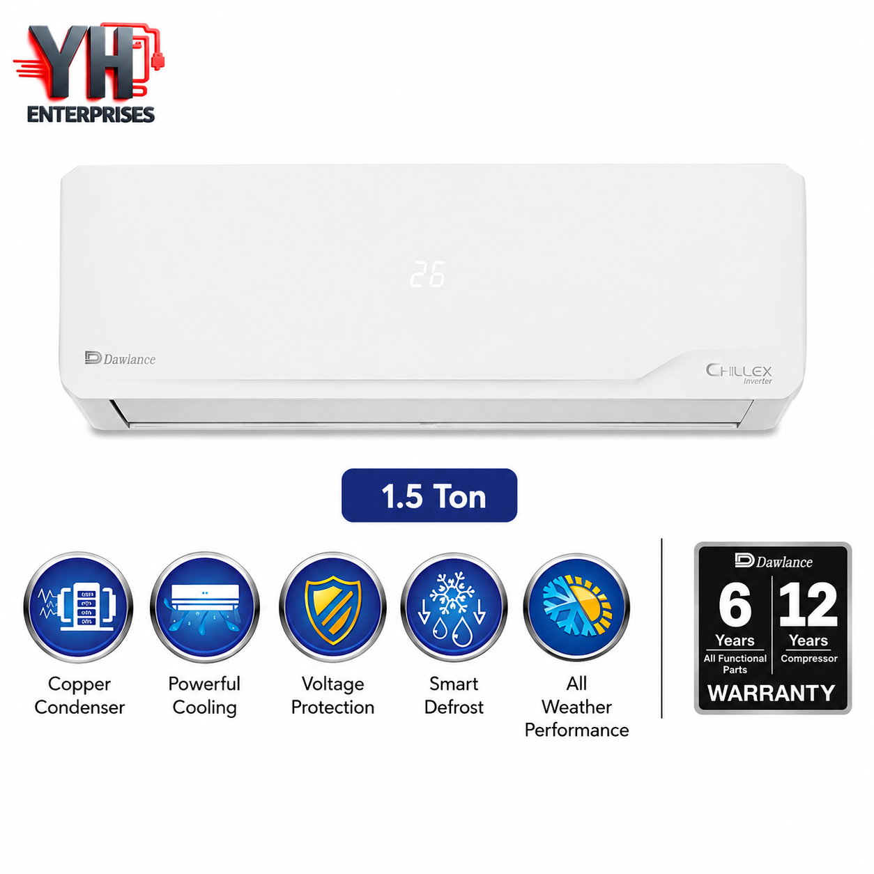 Dawlance Chillex 1.5 Ton Inverter AC 18000 BTU Heat and Cool I-Feel Self Cleaning Gold Fin YH Enterprises