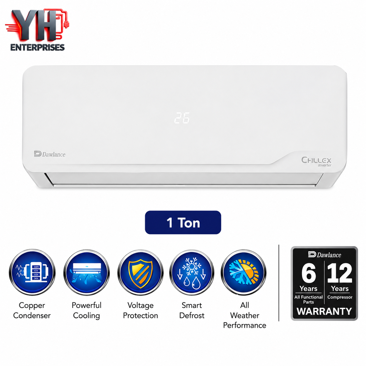 Dawlance Chillex 1 Ton Inverter AC 12000 BTU Heat and Cool I-Feel Self Cleaning Gold Fin YH Enterprises