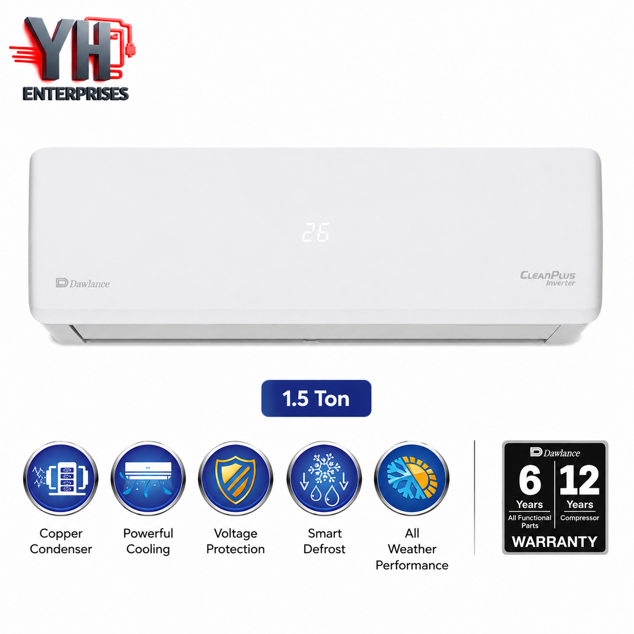Dawlance Cruise Plus 1.5 Ton Inverter AC 18000 BTU Heat and Cool I-Feel Self Cleaning Gold Fin YH Enterprises