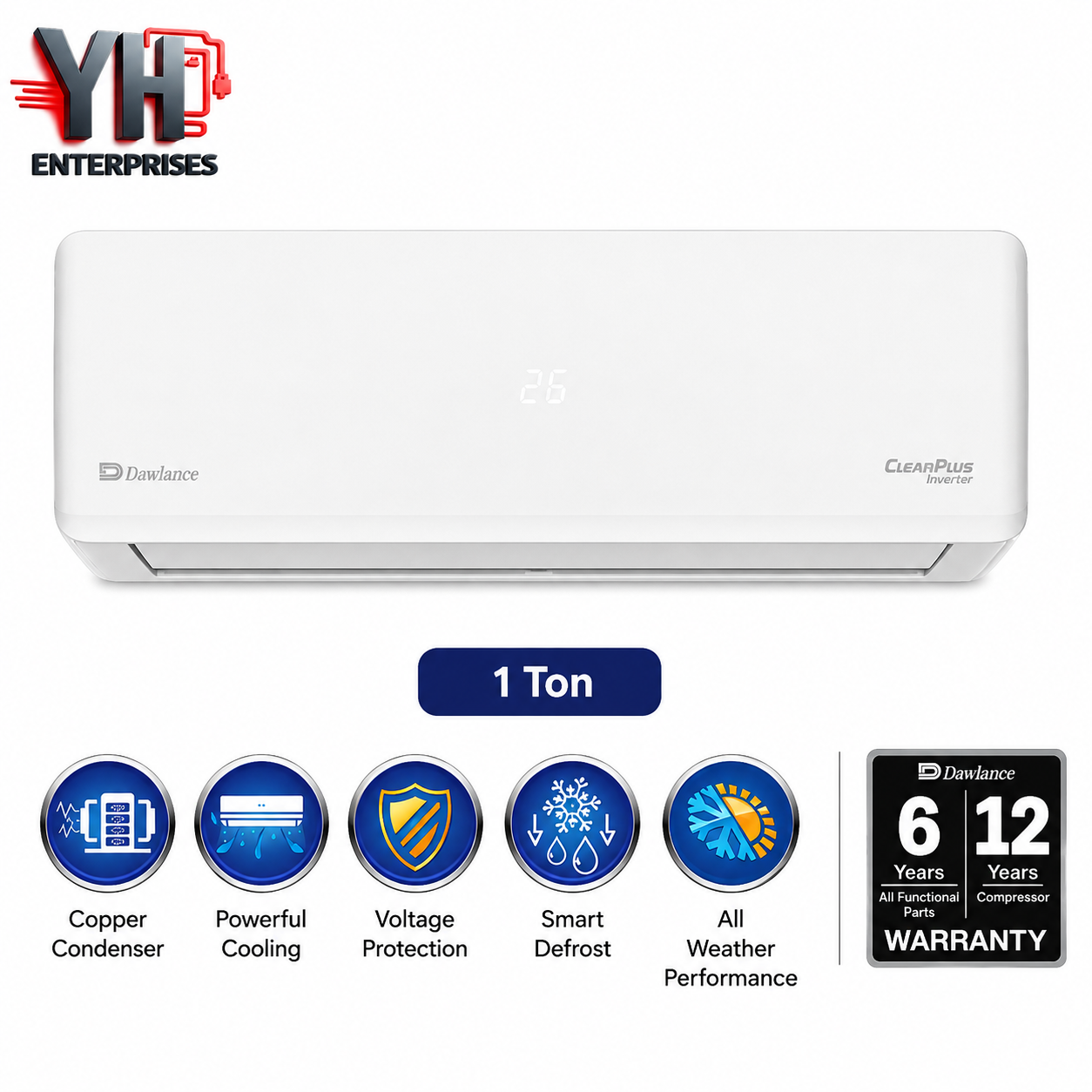 Dawlance Cruise Plus 1 Ton Inverter AC 12000 BTU Heat and Cool I-Feel Self Cleaning Gold Fin YH Enterprises