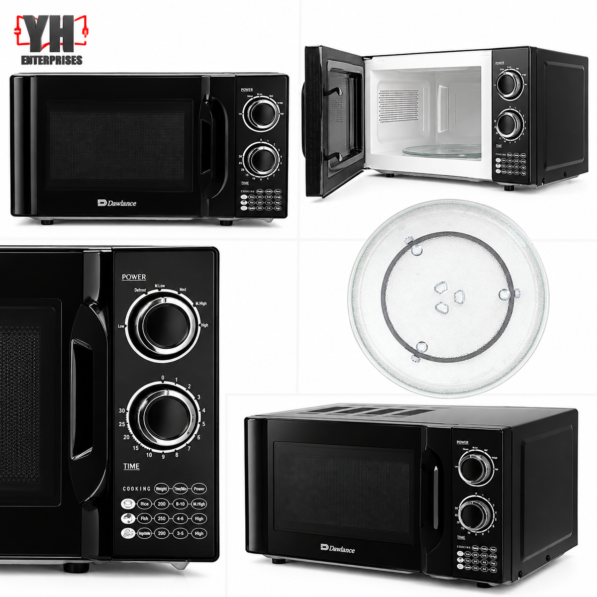 Dawlance DW-MD-4-N-Black 20L Solo Microwave Oven with Mechanical Control Panel, 6 Power Levels, Cooking Timer and Food-Type Guide | YH Enterprises