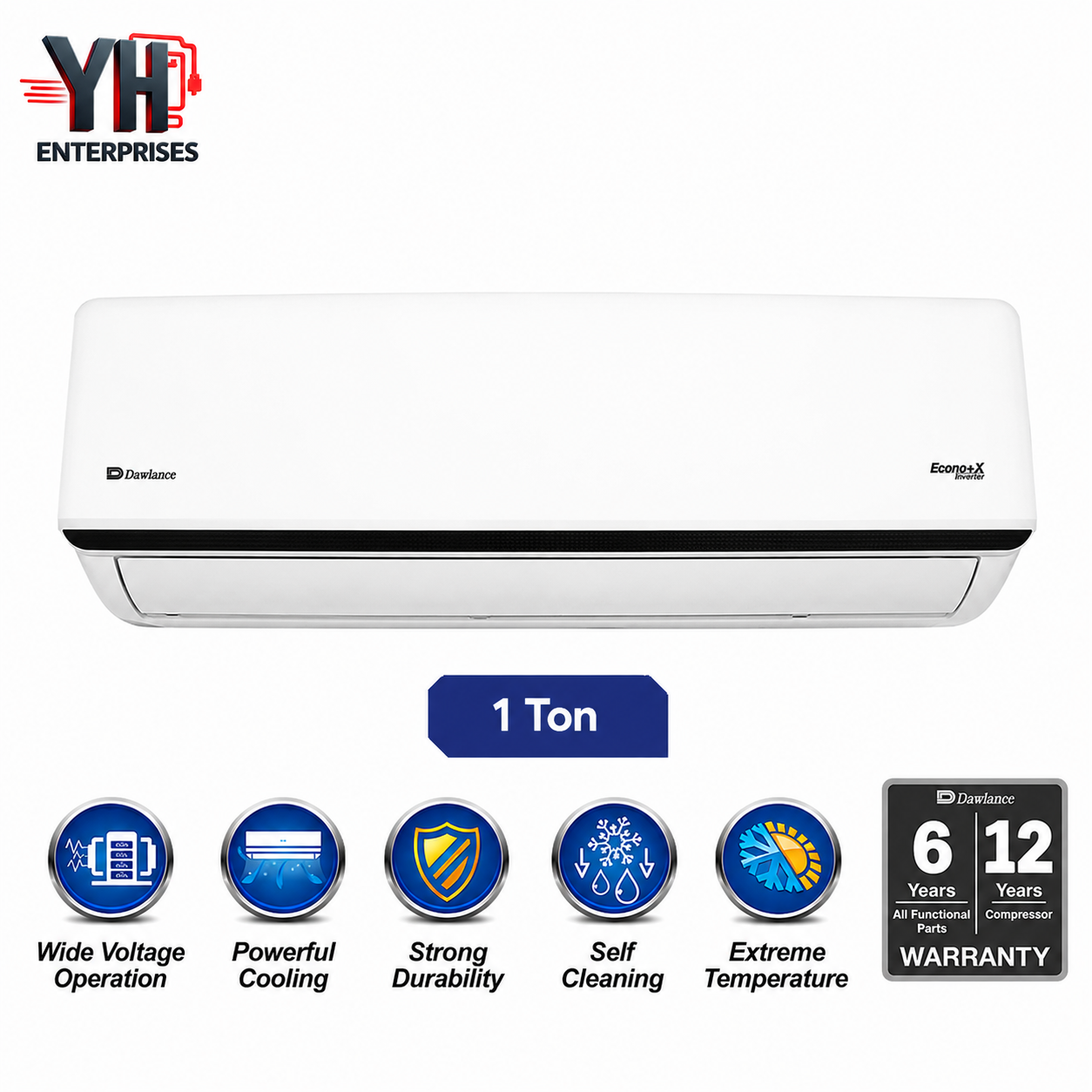 Dawlance Econo+ X 1 Ton Inverter AC 12000 BTU Heat and Cool 150V Low Voltage 4D Airflow Self Cleaning Gold Fin YH Enterprises