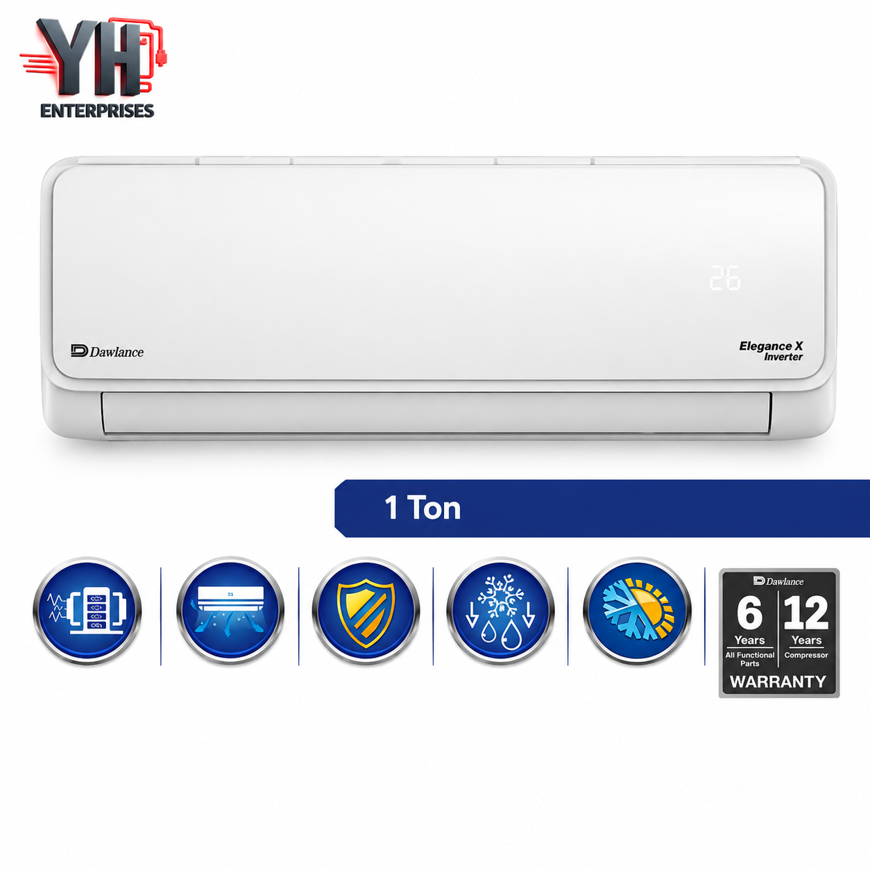 Dawlance Elegance X 1 Ton Inverter AC 12000 BTU Heat and Cool 150V Low Voltage 4D Airflow Fast Cooling Gold Fin YH Enterprises