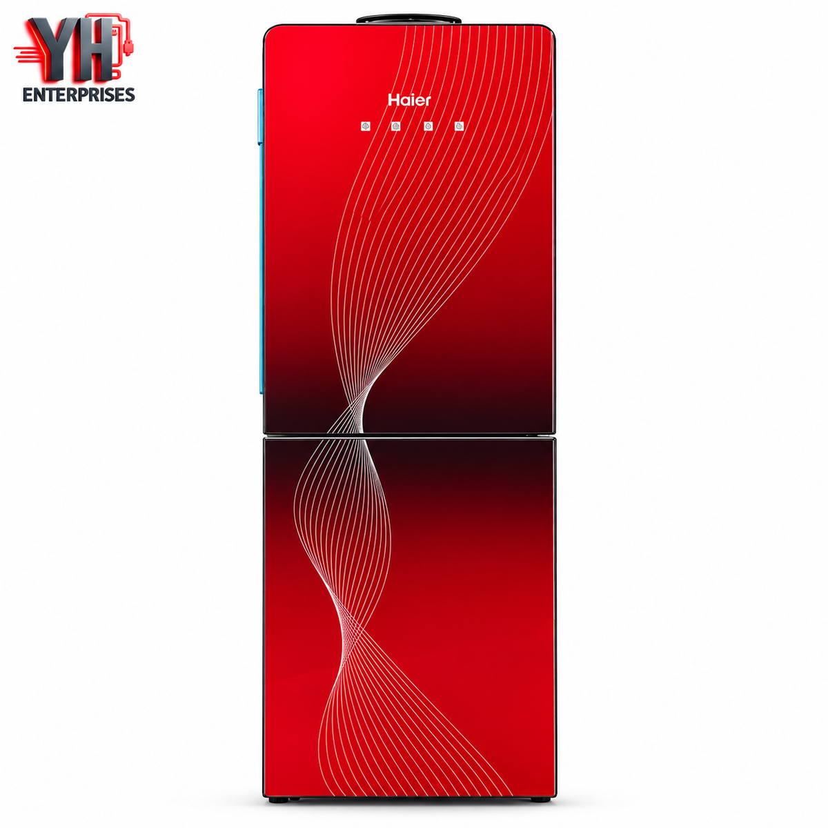 Haier HDR-TC2C1GR-PK Red Glass Water Dispenser with Two Hot and Cold Taps, Stainless Steel Tanks and Built-in Refrigerator Cabinet in Pakistan | YH Enterprises