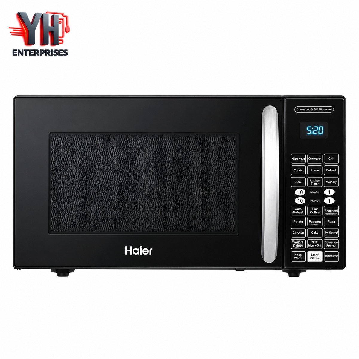 Haier HGL-30100 30L Black Convection Rotisserie Microwave Oven with 360-Degree Rotisserie, 2200W Power, Baking Function and Intelligent Menu at Best Price in Karachi, Pakistan | YH Enterprises