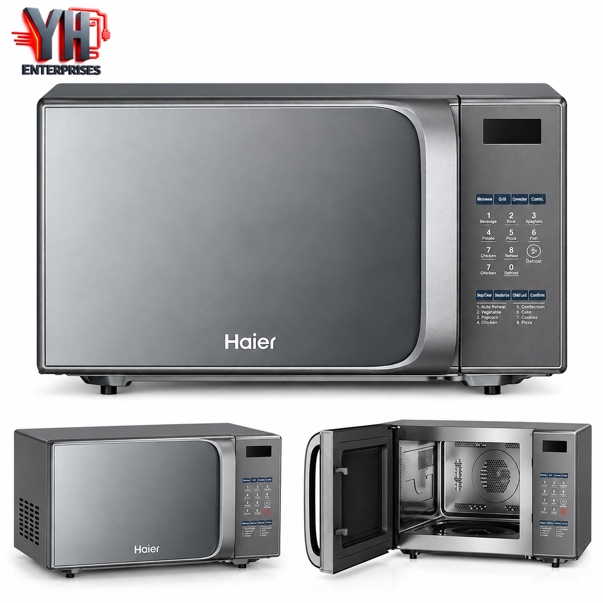 Haier HGL-30AFS 30-Litre Silver and Black Convection Air Fryer Microwave Oven with Built-In Air Fryer, Touch Controls, Auto Menu and Baking Function | YH Enterprises