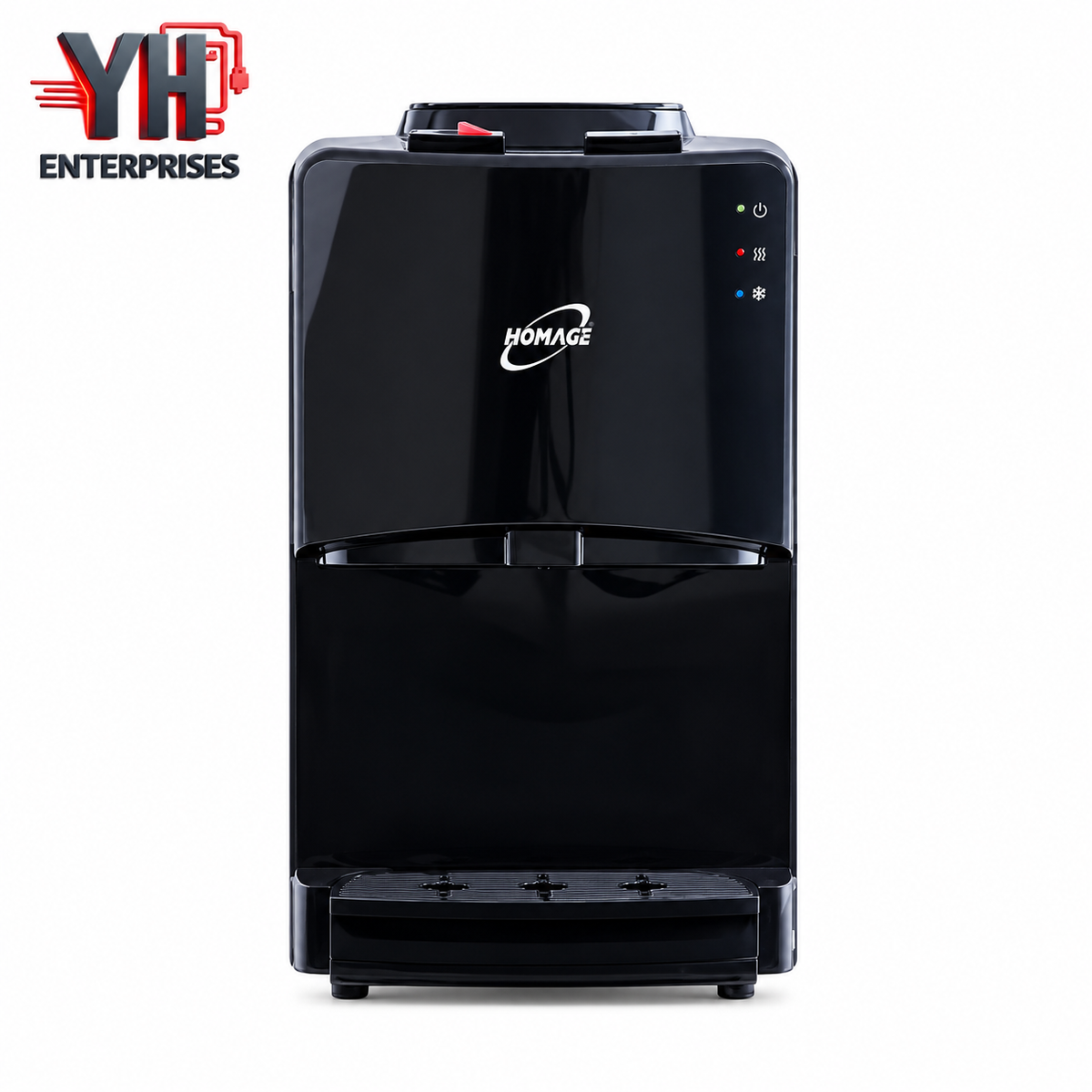 Homage HWD-49320 2WT Black Water Dispenser with Stainless Steel Water Tank, Compressor Cooling and Child Safety Lock in Pakistan | YH Enterprises