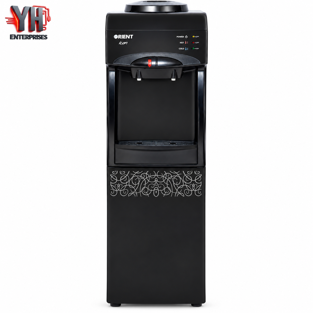 Orient Icon Black Water Dispenser with 2 Taps, Refrigerator Compartment, Rustproof Hot and Cold Tanks, Fast Cooling Technology and Child Safety Lock in Pakistan | YH Enterprises