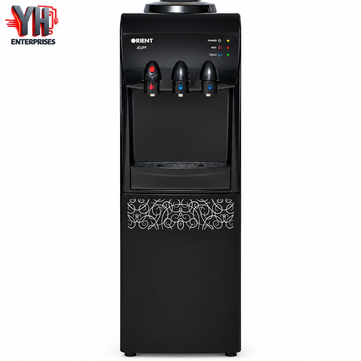 Orient Icon Black Water Dispenser with 3 Taps, Refrigerator Compartment, Rustproof Hot and Cold Tanks, Fast Cooling Technology and Child Safety Lock in Pakistan | YH Enterprises