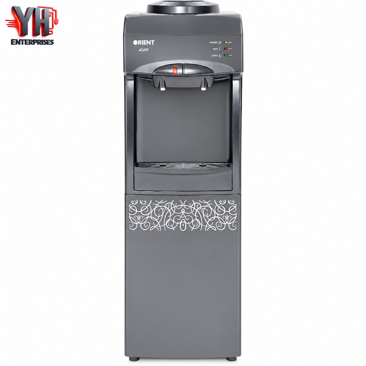 Orient Icon Grey Water Dispenser with 2 Taps, Refrigerator Compartment, Rustproof Hot and Cold Tanks, Fast Cooling Technology and Child Safety Lock in Pakistan | YH Enterprises