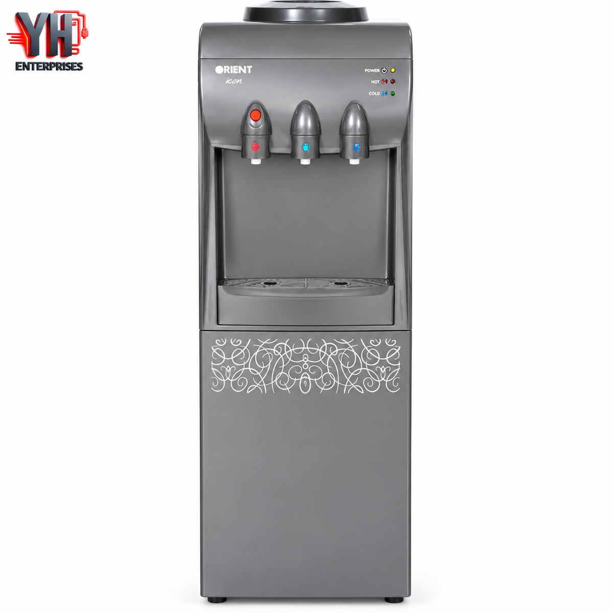 Orient Icon Grey Water Dispenser with 3 Taps, Refrigerator Compartment, Rustproof Hot and Cold Tanks, Fast Cooling Technology and Child Safety Lock in Pakistan | YH Enterprises