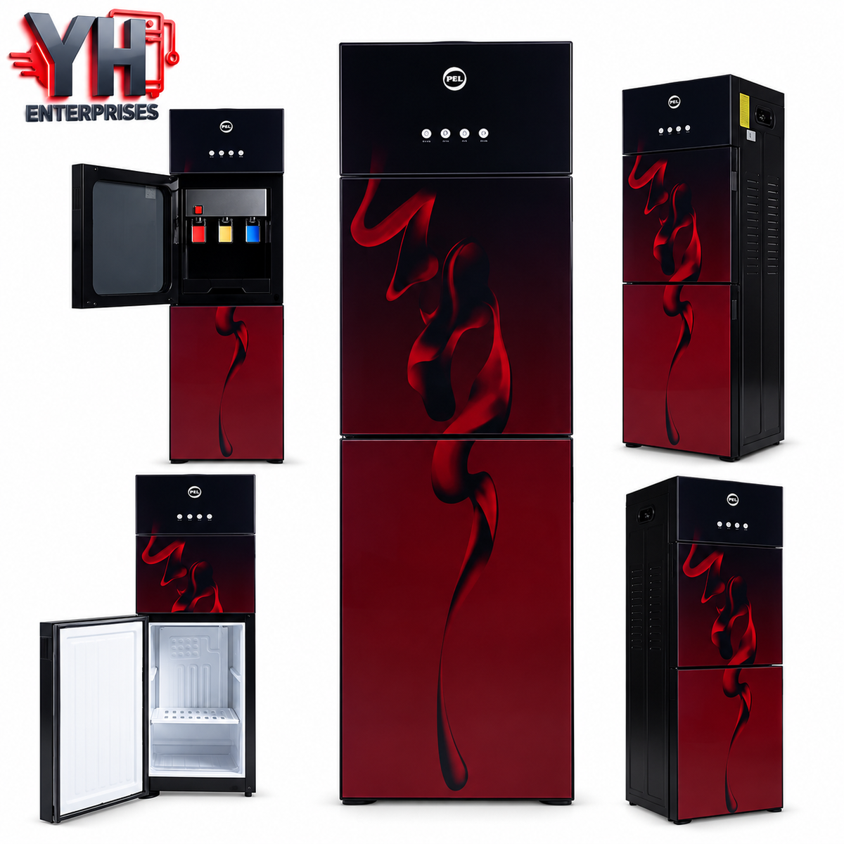 PEL 425 Maroon Blaze Glass Door Water Dispenser with 3 Taps, Built-in 18-Litre Mini Refrigerator and Hot, Normal and Cold Water Options in Pakistan | YH Enterprises