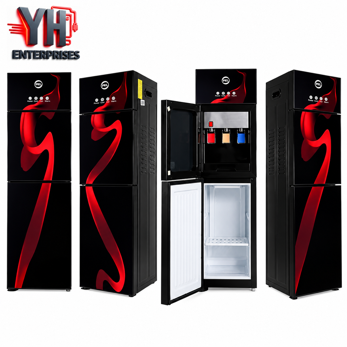 PEL 425 Red Blaze Glass Door Water Dispenser with 3 Taps, Built-in 18-Litre Mini Refrigerator and Hot, Normal and Cold Water Options in Pakistan | YH Enterprises