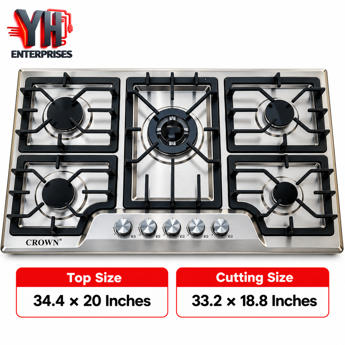 Crown CR-1A 5 Burner Built-In Gas Hob Stainless Steel LPG & NG in Pakistan | YH Enterprises