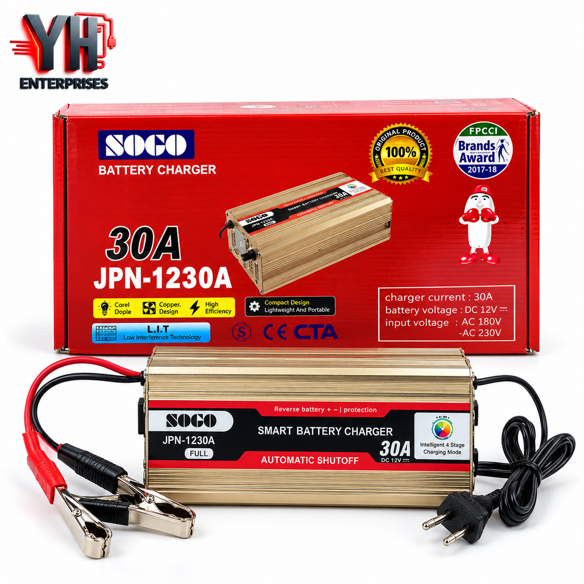 Sogo 30 Ampere Heavy-Duty Fast Battery Charger for Compatible UPS Solar and Lead-Acid Batteries in Pakistan | YH Enterprises
