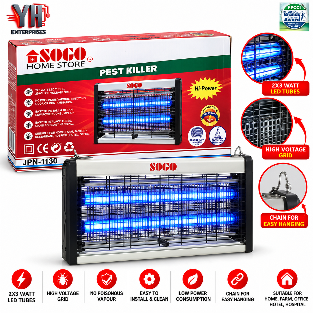 Sogo JPN-1130 6W Electric Insect Pest Killer with Two 3W LED Tubes and 2500V High-Voltage Grid in Pakistan | YH Enterprises