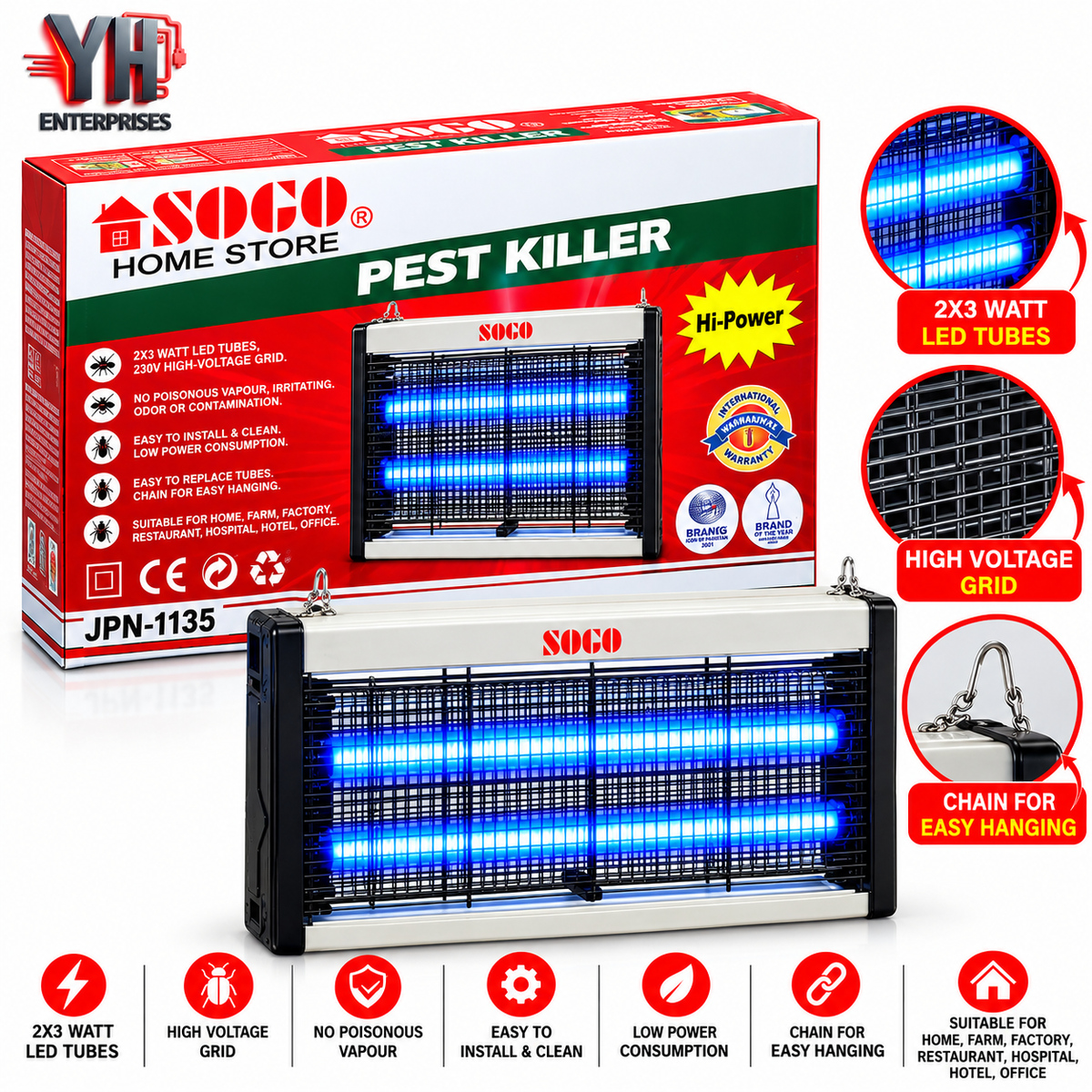 Sogo JPN-1135 8W Electric Insect Pest Killer with Two 4W LED Tubes and 2500V High-Voltage Grid in Pakistan | YH Enterprises