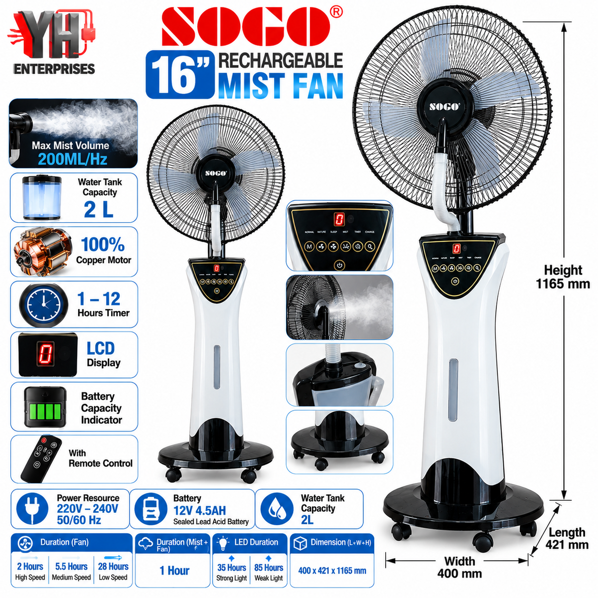 Sogo JPN-1612 16-Inch Rechargeable Mist Fan with 2L Water Tank, 100% Copper Motor, Remote Control and LCD Display in Pakistan | YH Enterprises