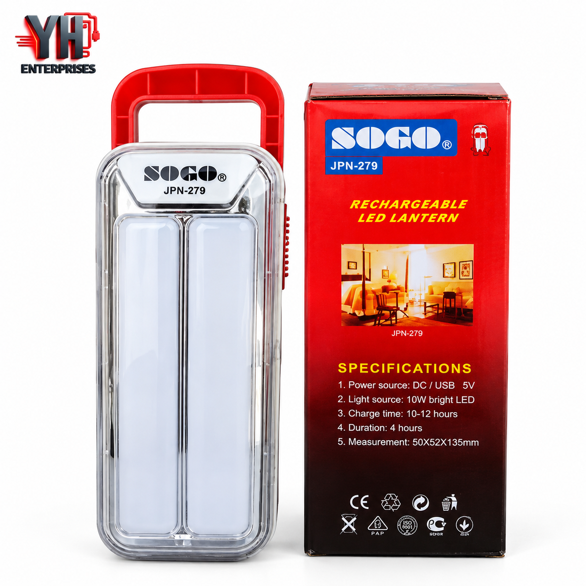 Sogo JPN-279 Rechargeable Emergency Light with Three 1W High-Power Lights, 4V 1.6Ah Battery and Strong and Weak Light Modes in Pakistan | YH Enterprises