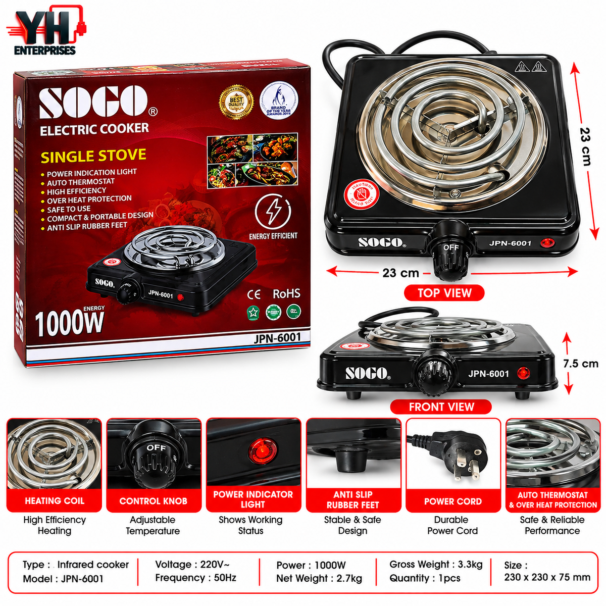 Sogo JPN-6001 Portable Single Burner Electric Stove with Auto Thermostat, Overheat Protection and Anti-Slip Feet in Pakistan | YH Enterprises